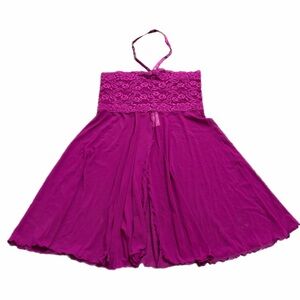 90s/Y2K European Vintage Lace/Mesh Halter Sheer Open Front Mini Slip (Magenta) M